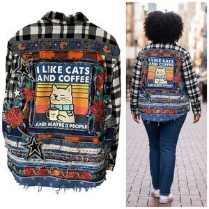 Upcycled Flannel Jacket Shacket Womens 1XL Cat Lady Embroidered Festival OOAK